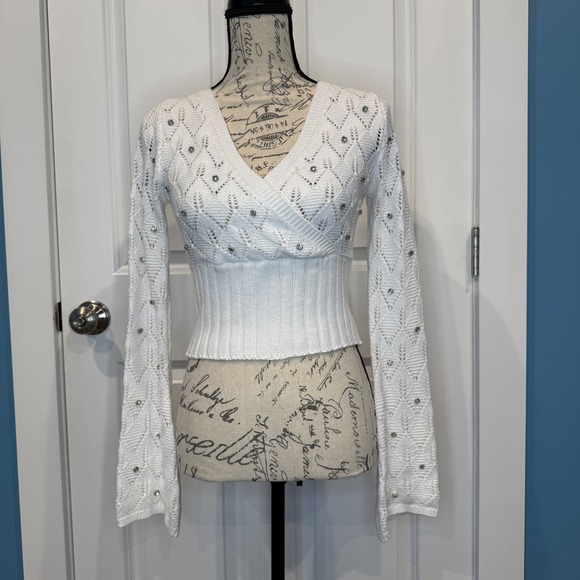 Forever 21 Sweaters - Forever 21 White Rhinestone Crochet Wrap Crop Sweater Top Juniors Size Small NWT